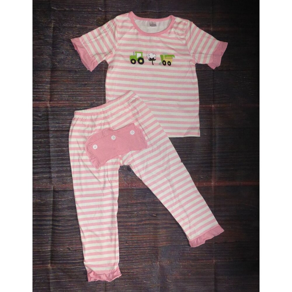 Boutique Cotton Farm Tractor Short Sleeve Pink Girls Pajamas
